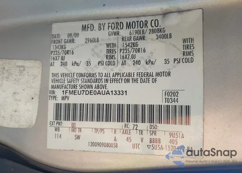 2010 Ford Explorer Xlt из США, поврежденный, VIN 1FMEU7DE0AUA13331